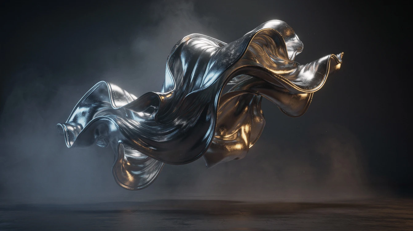 Abstract 3D render of liquid chrome forming an organic sculpture, dramatic volumetric lighting, octane render