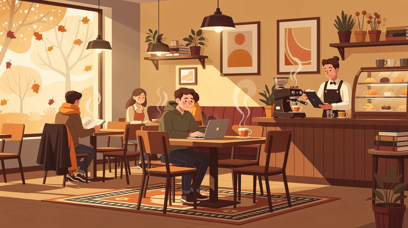 Flat vector illustration of a cozy coffee shop interior in autumn, warm palette, detailed characters, editorial art