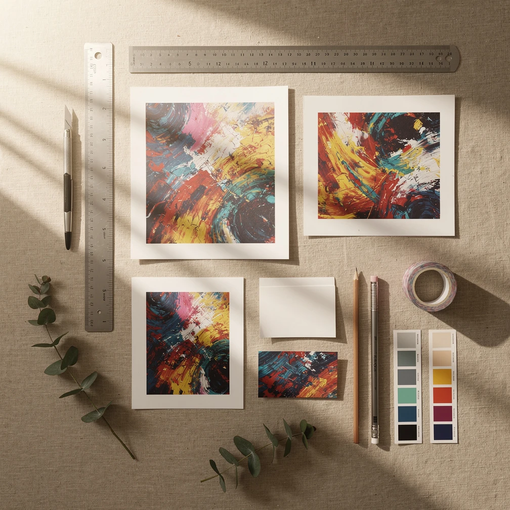 Editorial flat-lay of premium AI-generated art prints on a linen surface, designer tools, eucalyptus leaves, soft natural light, branding mockup aesthetic