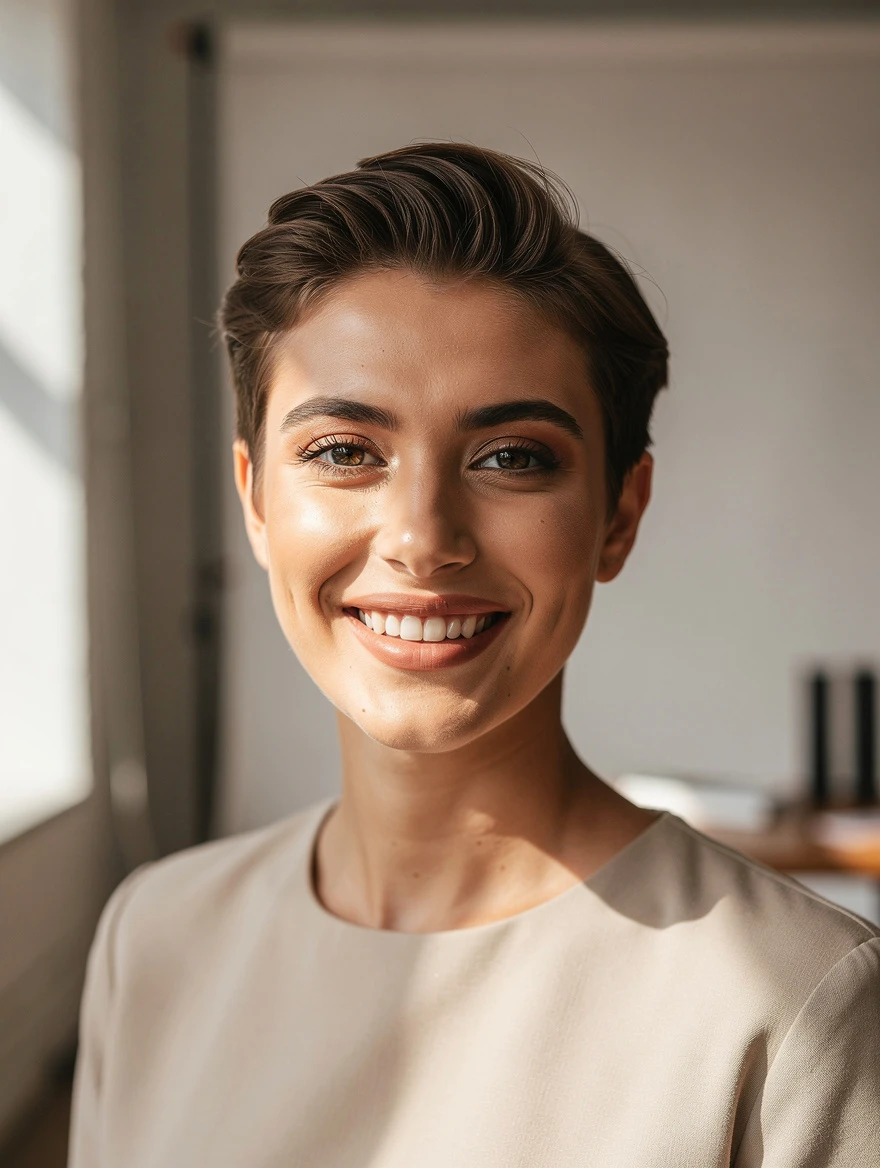 Professional headshot of a young creative director in a modern studio, warm smile, natural window light, neutral backdrop, editorial portrait