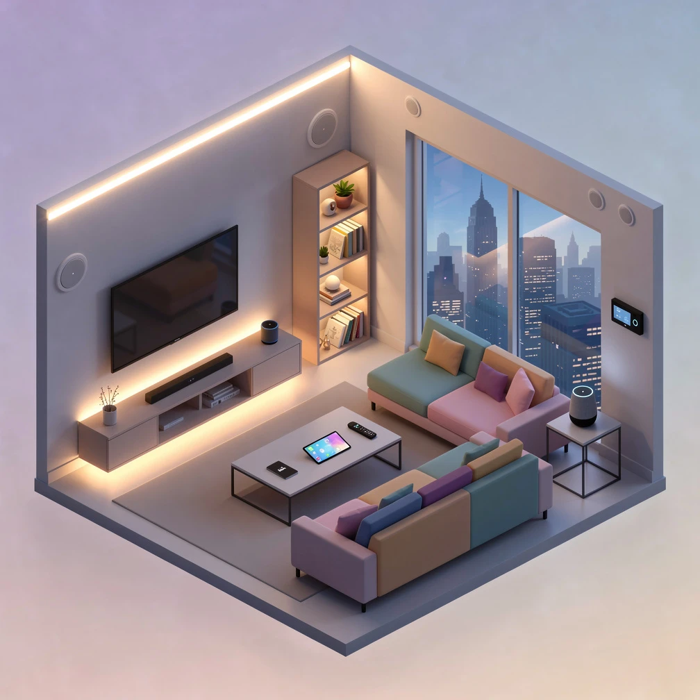 Isometric illustration of a modern smart home living room at dusk, glowing ambient lights, minimal furniture, pastel gradient, editorial tech style