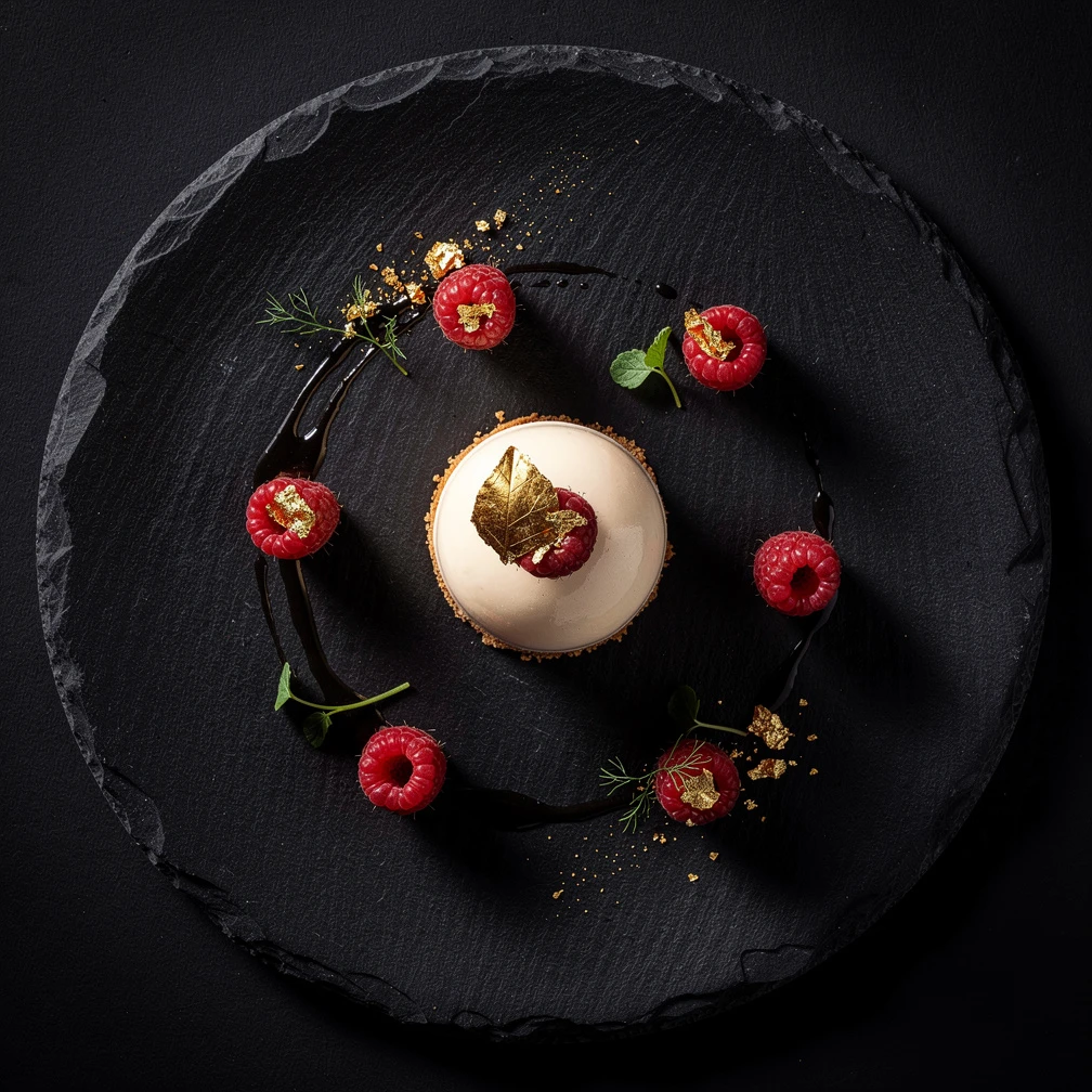 Top-down gourmet plating of a signature dessert on slate, raspberries, edible gold leaf, studio lighting, Michelin-star aesthetic
