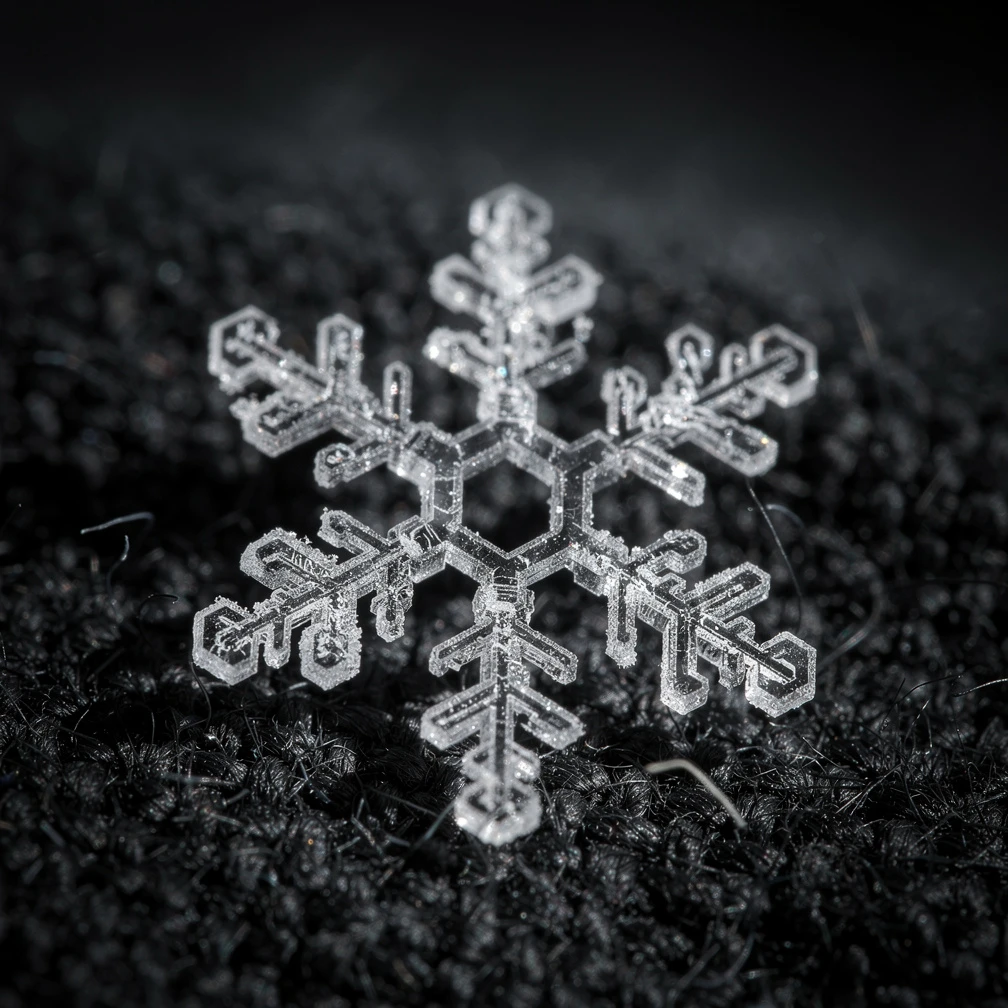 Ultra-detailed macro of a single snowflake on dark fabric, crystalline structure, natural light, award-winning photography