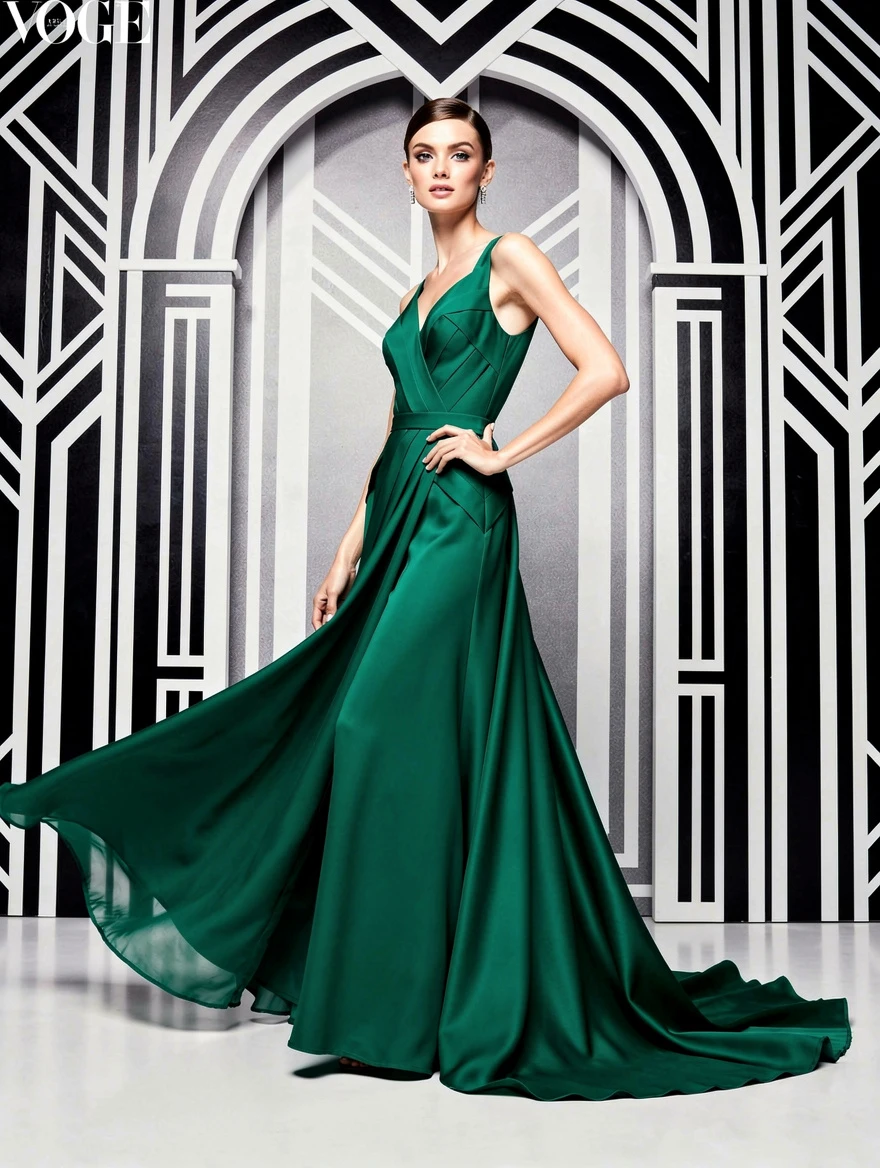 Editorial fashion portrait of a model in a flowing emerald couture dress against a monochrome Art Deco backdrop, high-key lighting, Vogue style
