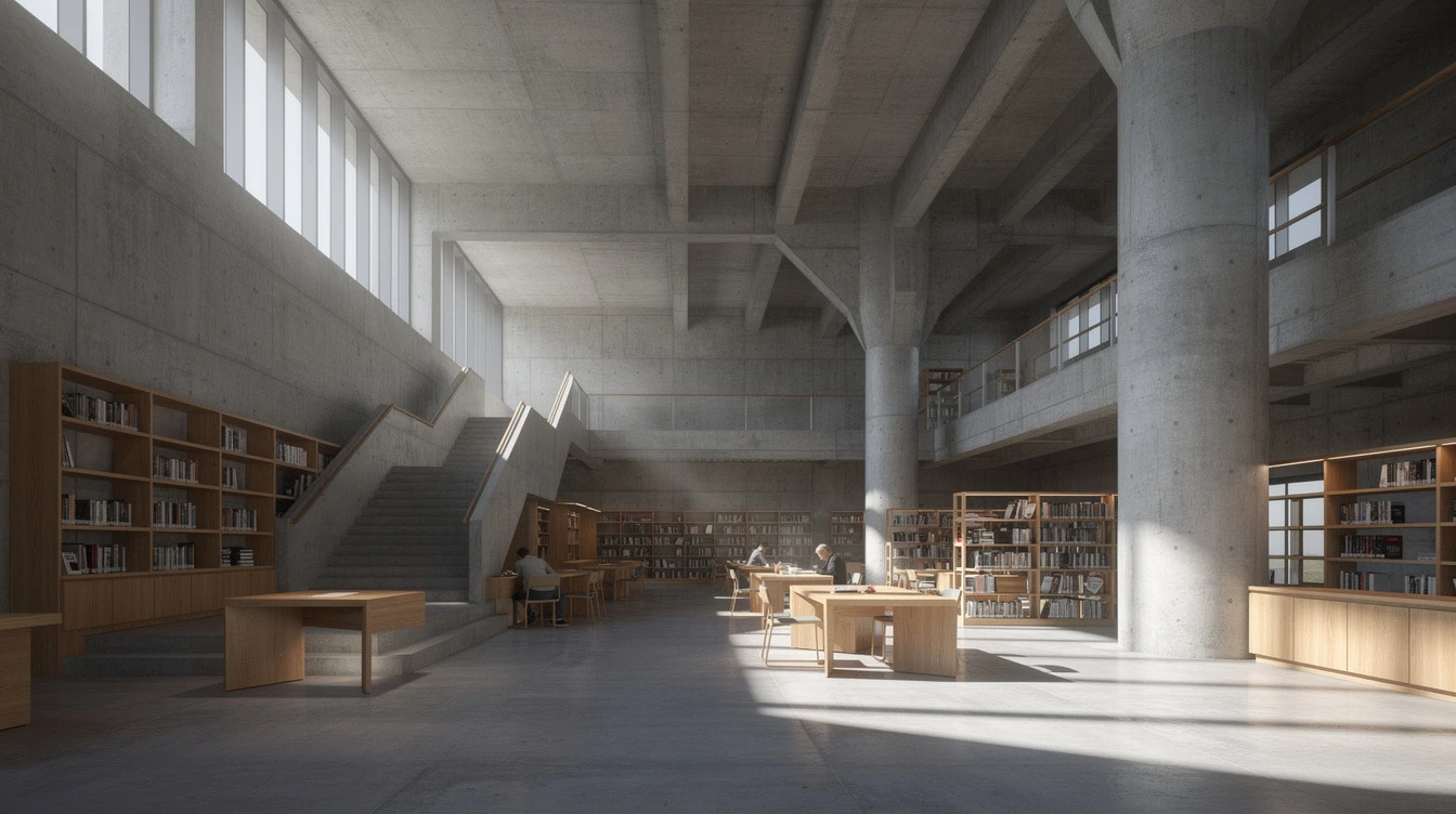 Architectural photograph of a brutalist concrete library interior, soft directional sunlight, warm wood accents, long shadows, wide-angle composition