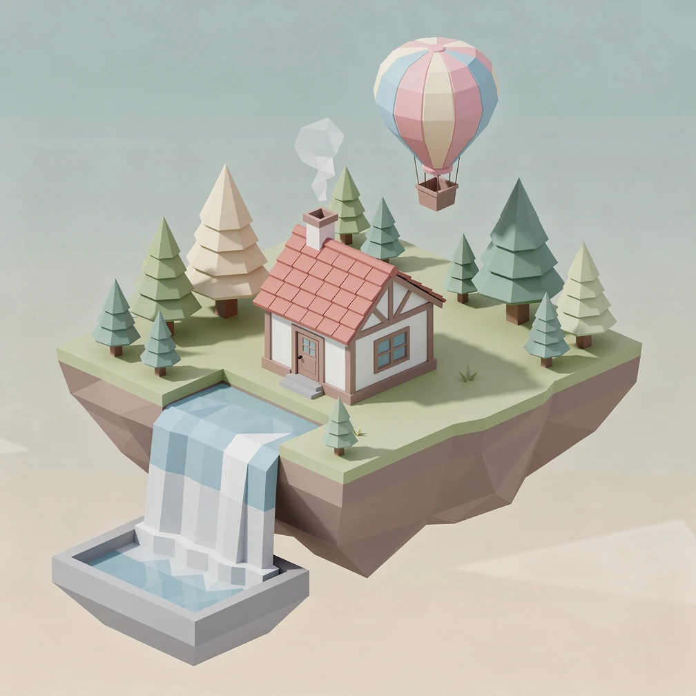Stylized low-poly isometric island scene with a tiny cottage, waterfall, pine trees and a hot-air balloon, pastel palette, game concept art