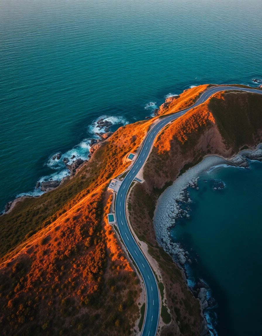 Aerial view of a winding coastal road at golden hour, turquoise ocean, cinematic drone shot