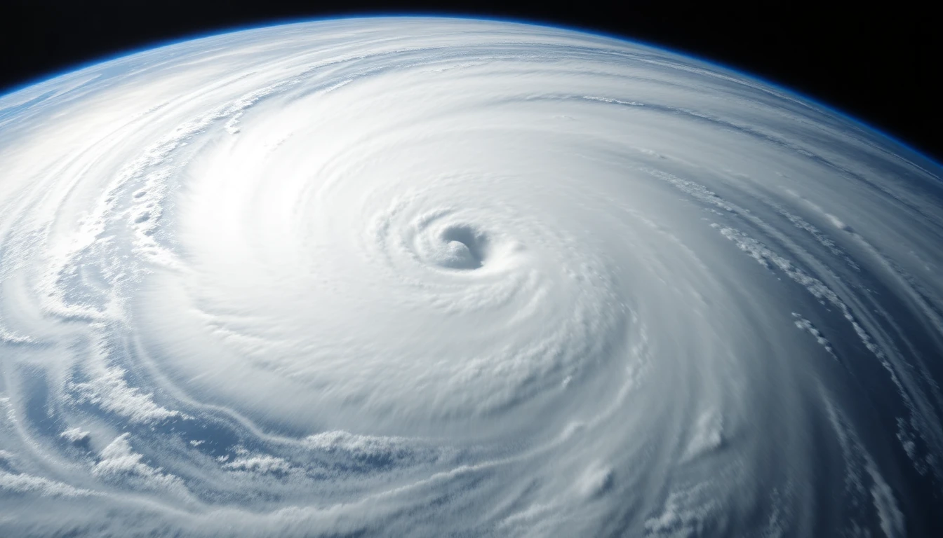 Satellite view of a hurricane eye from space, swirling cloud patterns, Earth curvature visible