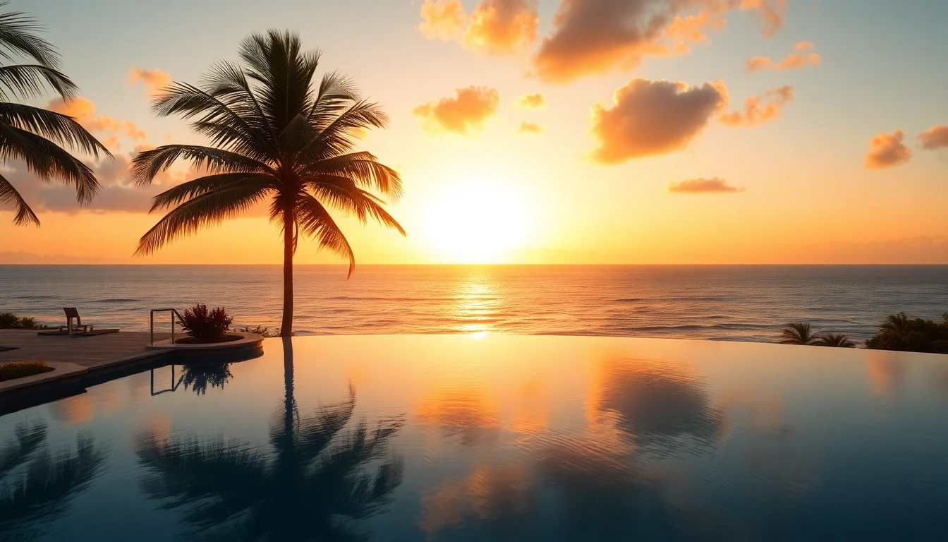 Tropical sunset over infinity pool overlooking the ocean, luxury resort, warm golden tones