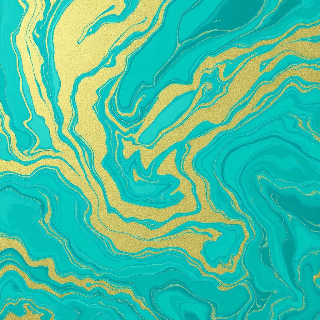 Abstract fluid art in turquoise and gold, marble swirl effect, premium wallpaper aesthetic