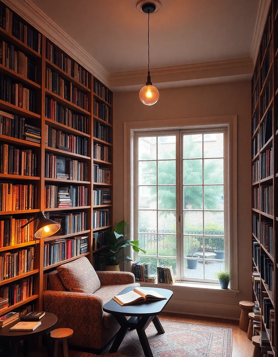 Cozy reading nook with floor-to-ceiling bookshelves, warm lamp light, rainy window