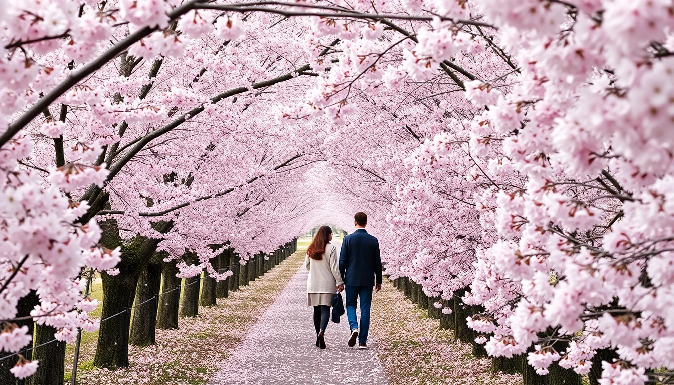 Japanese cherry blossom tunnel path, pink petals falling, couple walking, romantic spring