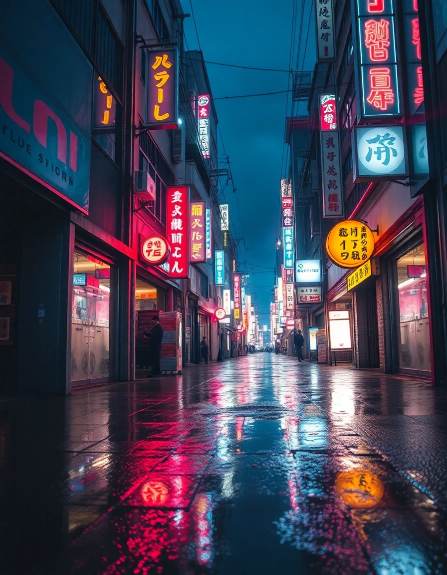 Cyberpunk Tokyo alleyway at night, rain puddles reflecting neon signs, cinematic anamorphic lens flare
