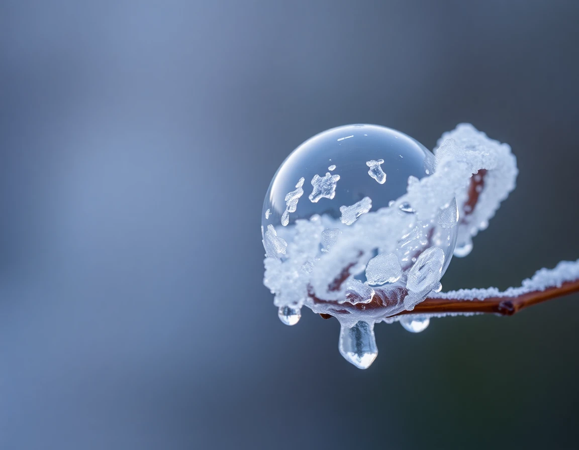 Frozen soap bubble on a branch with ice crystal patterns, macro photography, winter morning