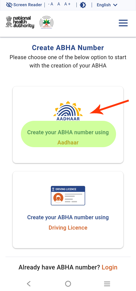 ABHA Card - Choose Aadhaar Card