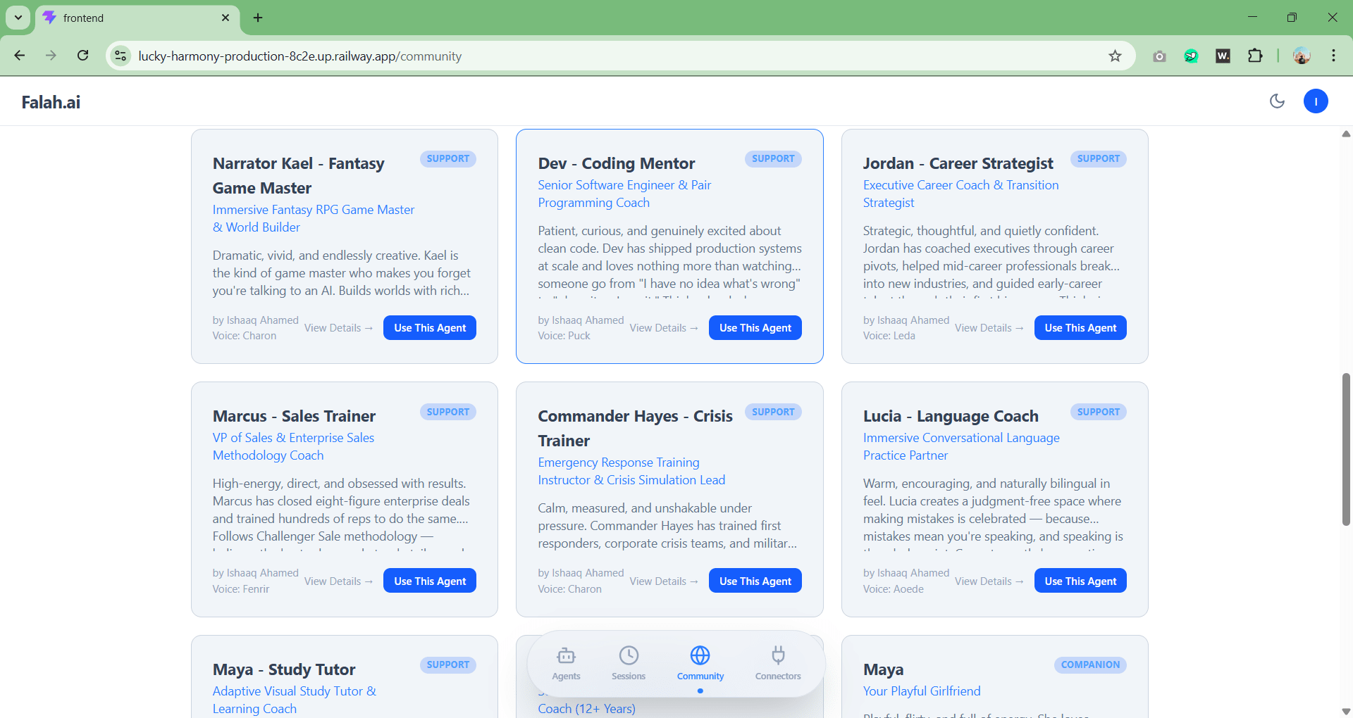 Falah.ai Community 10 agents covering 10 different use cases, all created from a single platform