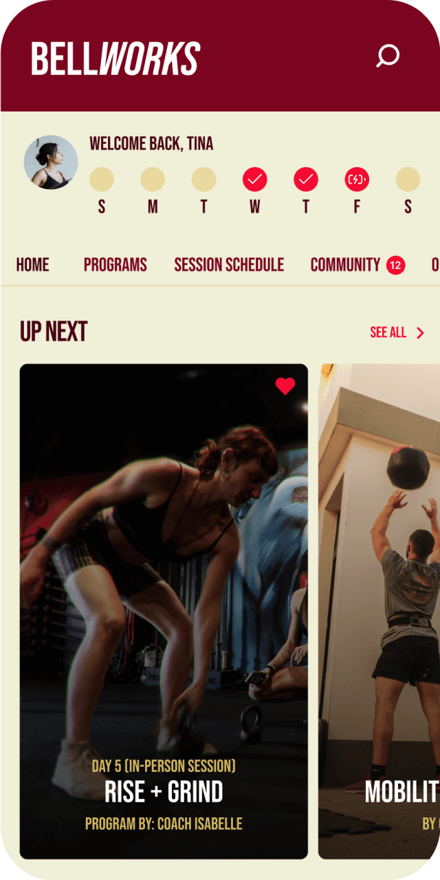 Somble platform screenshot showing a fitness client's dashboard, calendar, and upcoming workouts