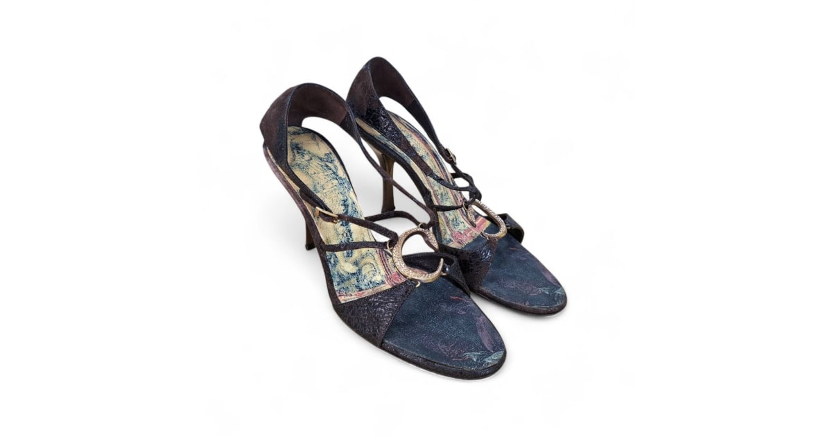 Roberto Cavalli Vintage Dark Brown Laser Cut Textured Suede Crystal C Sandals