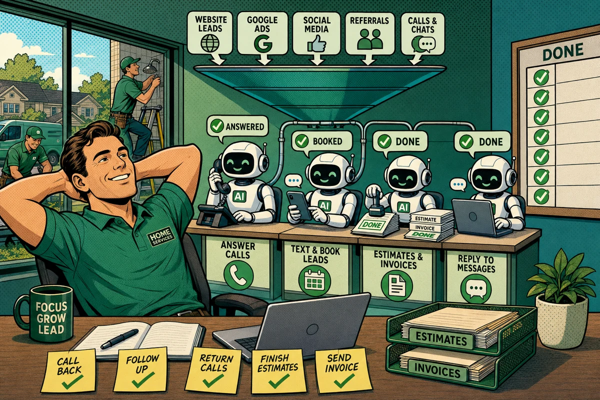 Comic-style illustration of a calm home service contractor while AI agents handle his calls, leads, estimates, and customers and the work gets done