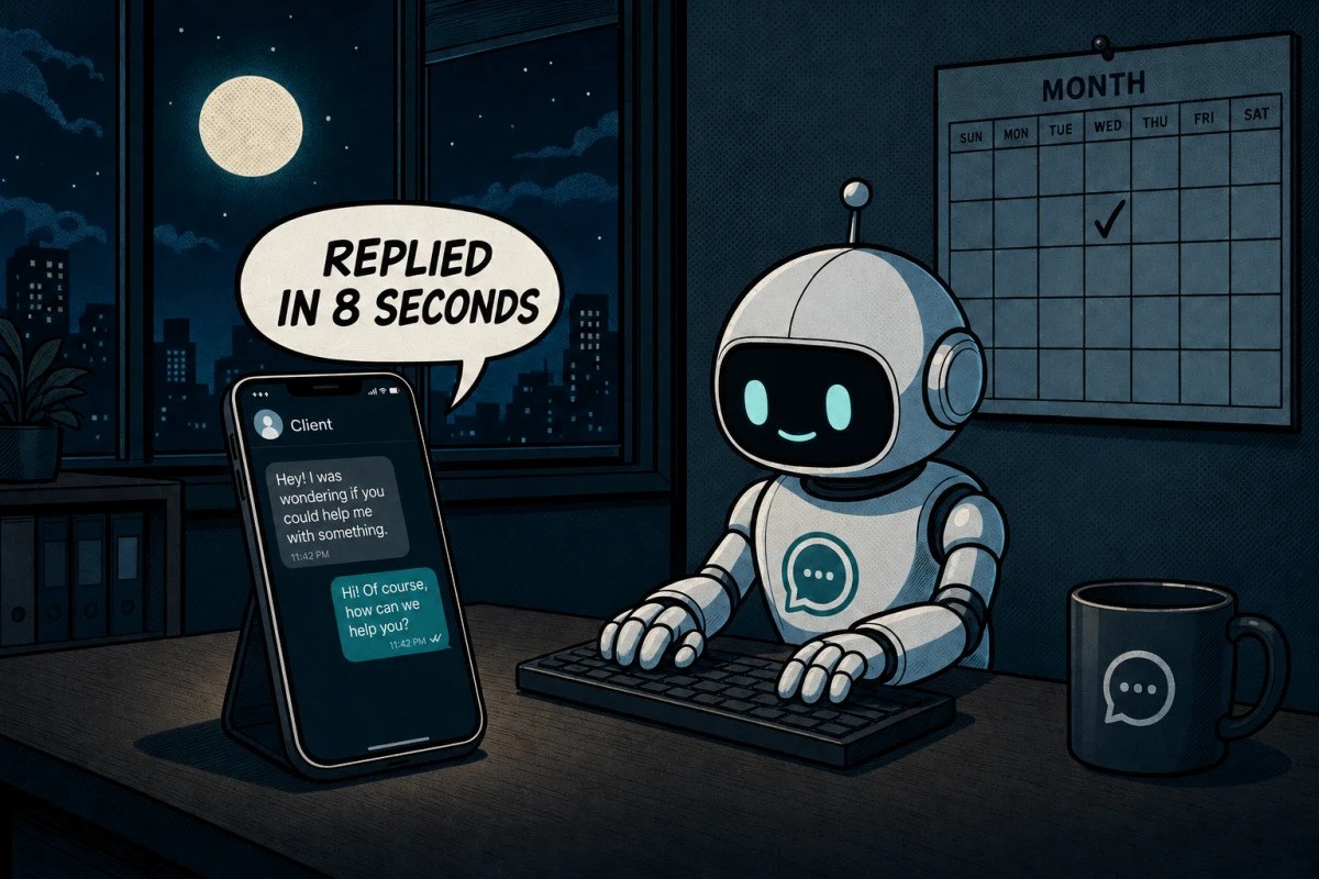 Comic-style illustration of an empty HVAC office at night with a small robot assistant replying to a new lead on the desk phone in eight seconds and a calendar slot getting checked