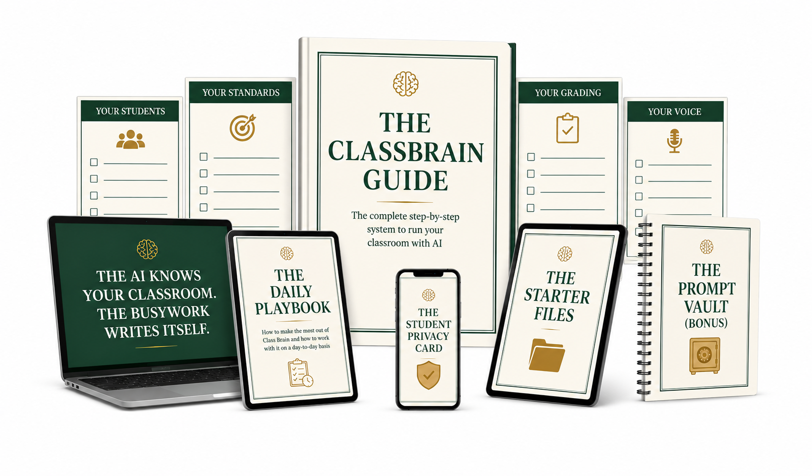 The ClassBrain bundle — guide, Prompt Vault, and Student Privacy Card.