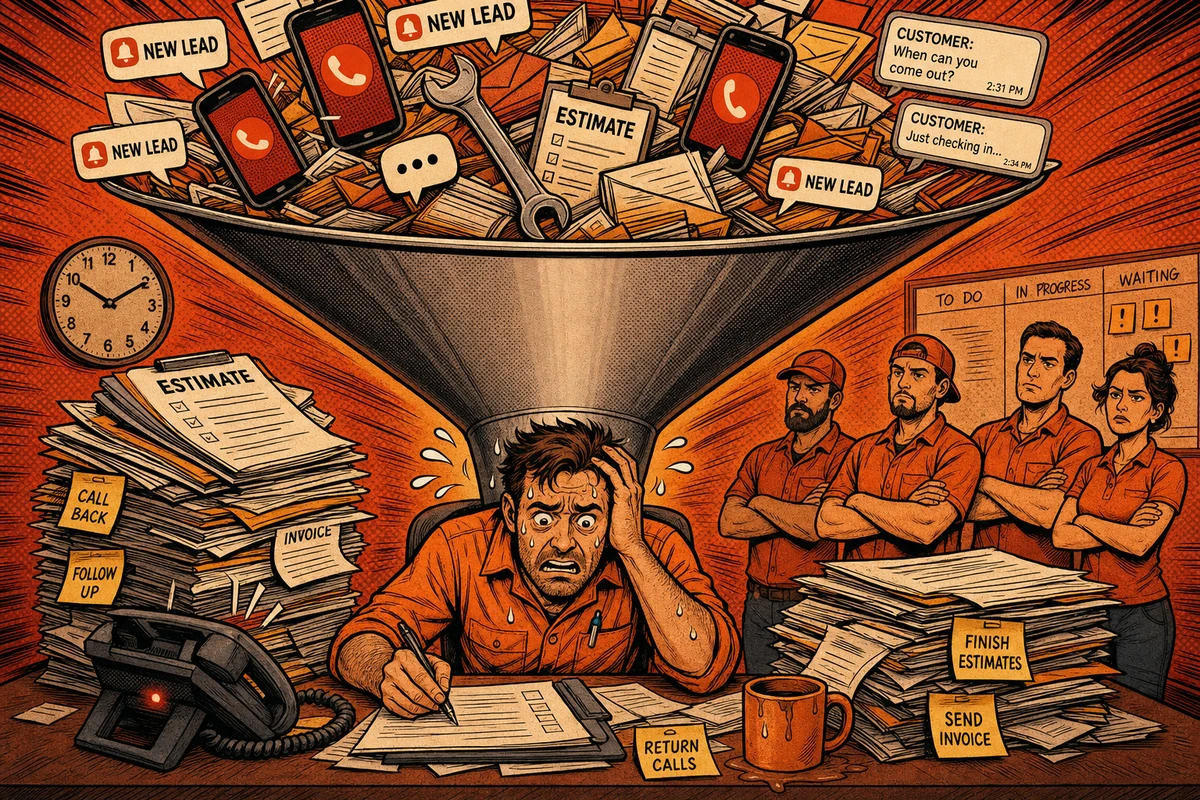 Comic-style illustration of an overwhelmed home service contractor as the bottleneck of his business, with calls, leads, and paperwork funneling through him while his crew waits