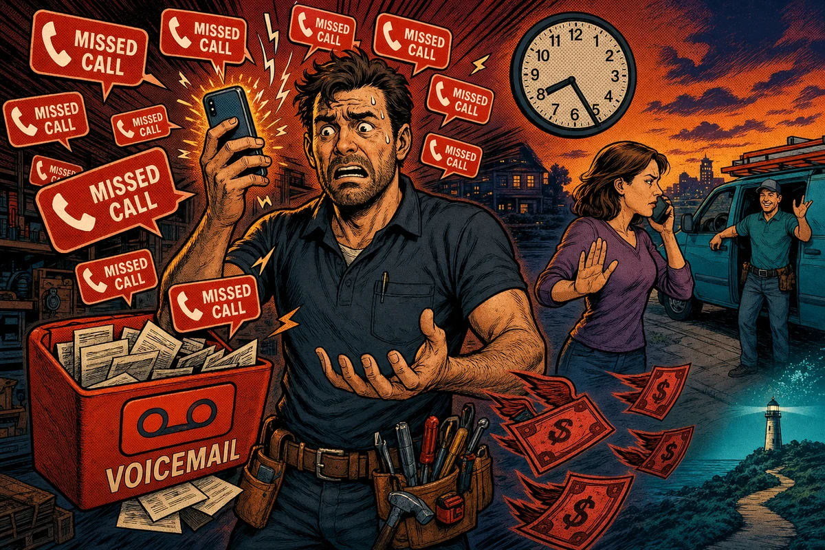 Comic-style illustration of an overwhelmed home service contractor as the bottleneck of his business, phone ringing with MISSED CALL bubbles while a homeowner walks to a competitor