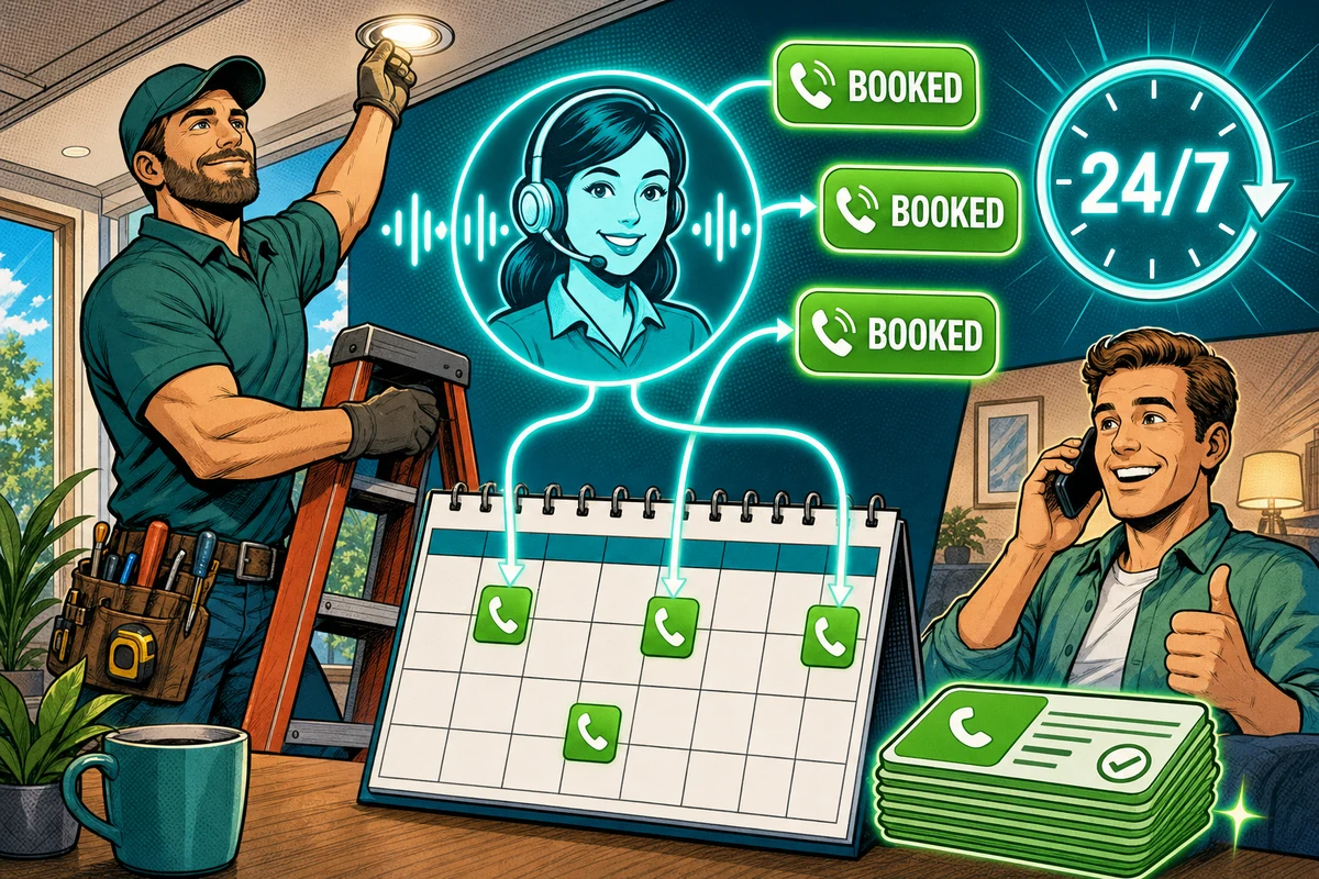 Comic-style illustration of a calm home service contractor while an AI receptionist answers his phone, books jobs, and fills his calendar 24/7