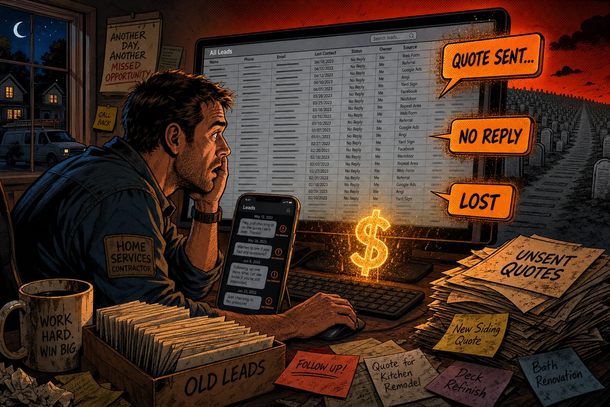 Comic-style illustration of a contractor staring at a CRM full of greyed-out old leads like tombstones, dull orange tones, money buried in an unworked lead list