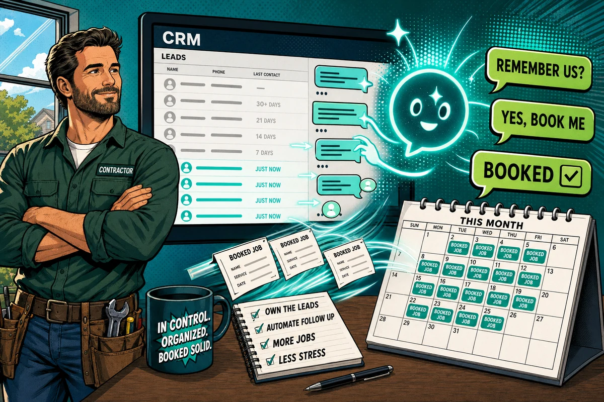 Comic-style illustration of an AI agent reviving a contractor old lead list, greyed-out leads lighting up teal, BOOKED notifications and a filling calendar