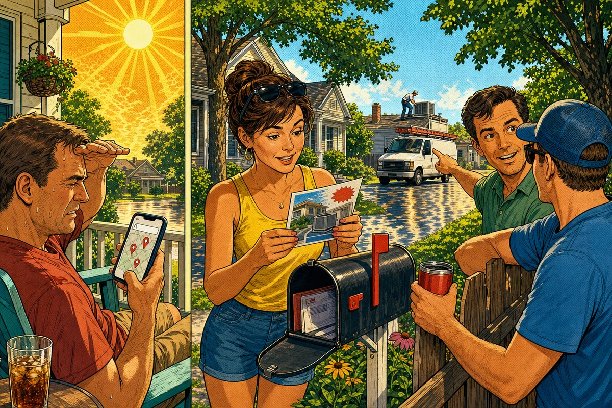 Comic-style suburban street scene showing where HVAC leads come from: a homeowner searching AC repair near me on a phone, another reading a postcard at the mailbox, neighbors pointing at an HVAC van working a rooftop unit