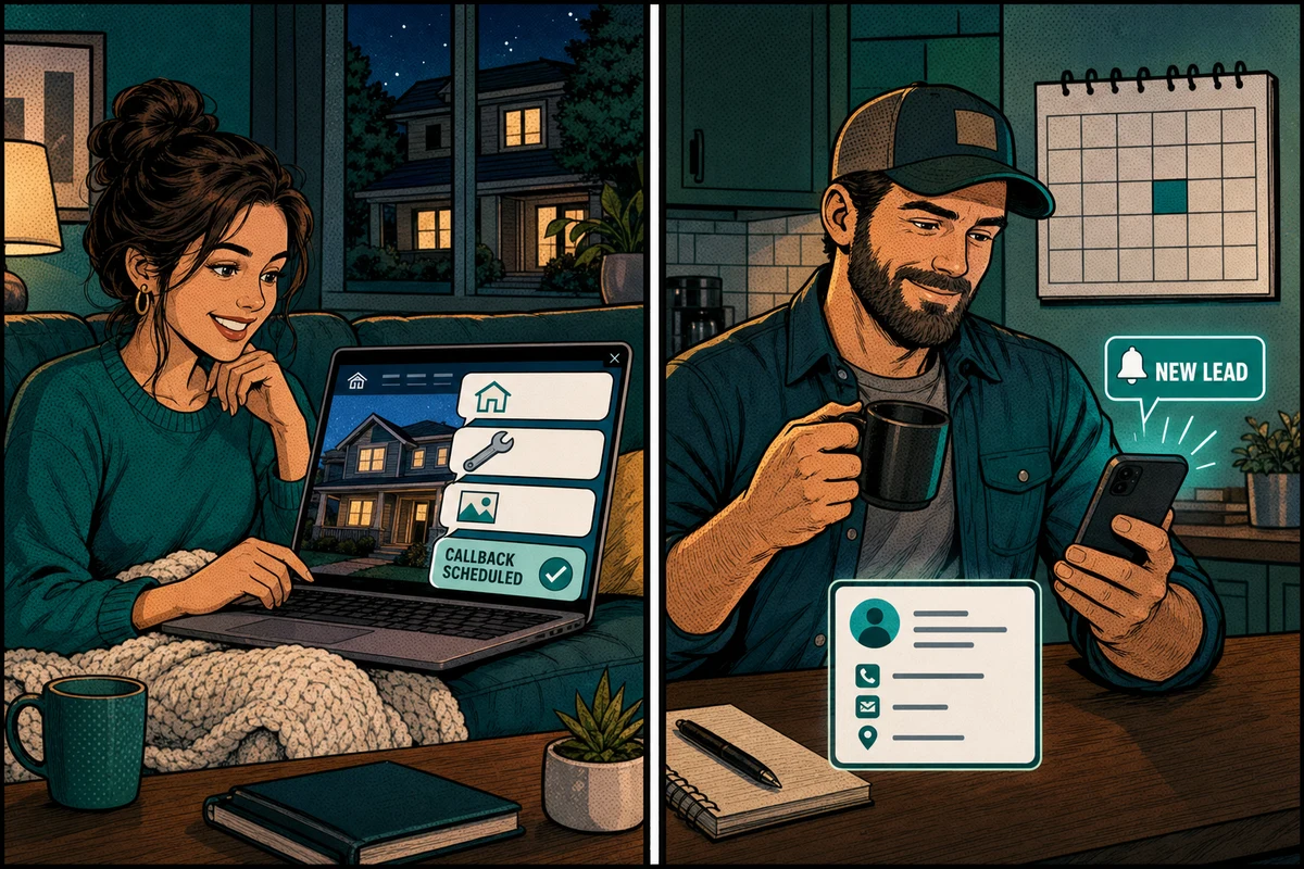 Comic-style split panel of a homeowner getting a callback scheduled through a friendly website chatbot while the contractor gets a calm new-lead notification at home