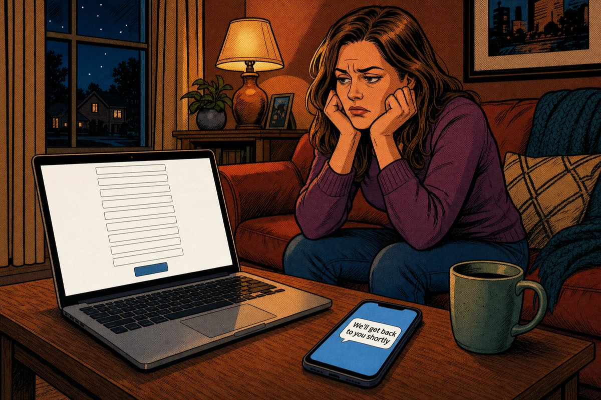 Comic-style illustration of a tired homeowner on her couch at night next to a laptop showing a long contact form on a contractor website and a phone showing a text that reads we will get back to you shortly