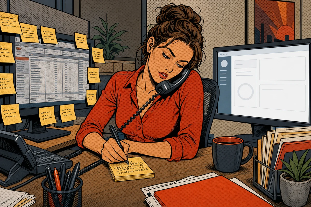 Office worker using paper notes while a brand-new dashboard sits untouched on a second monitor