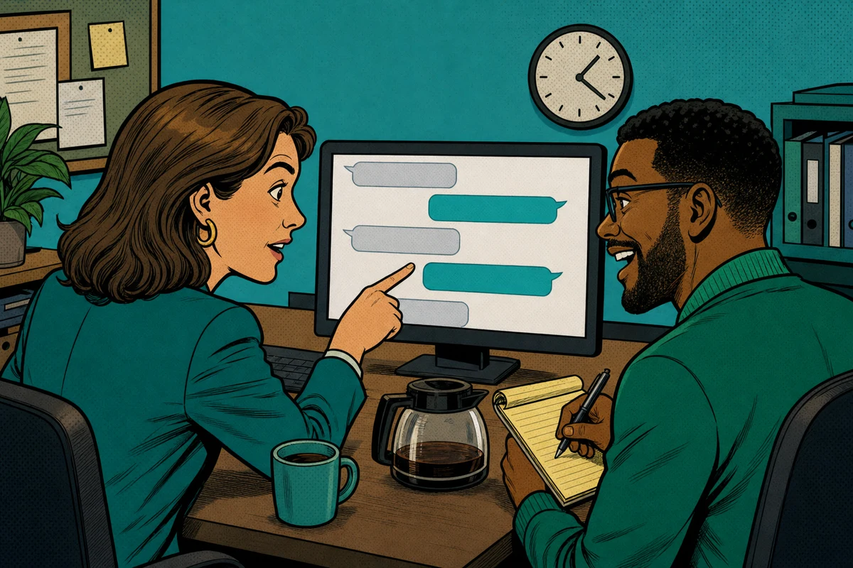 Office manager and CSR reading AI chat transcripts together and taking notes
