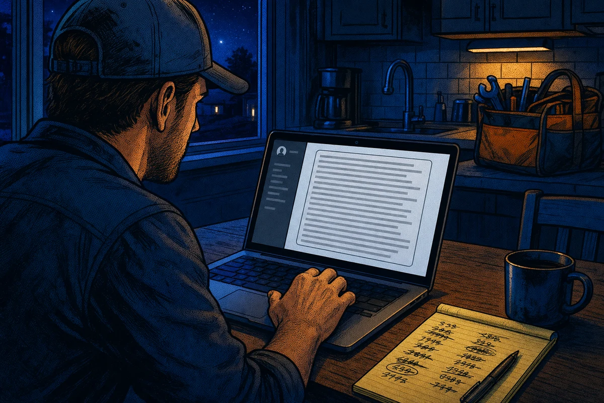 Contractor at a laptop late at night reading a generic AI answer
