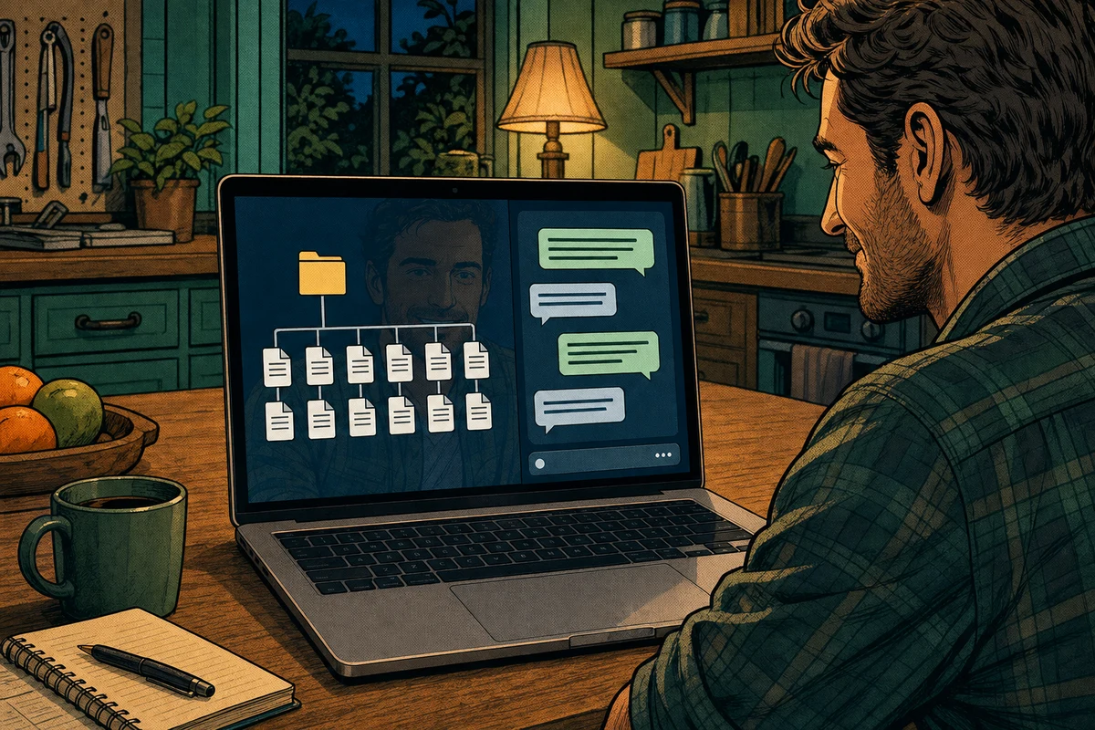 Laptop showing a simple folder of business files feeding an AI chat