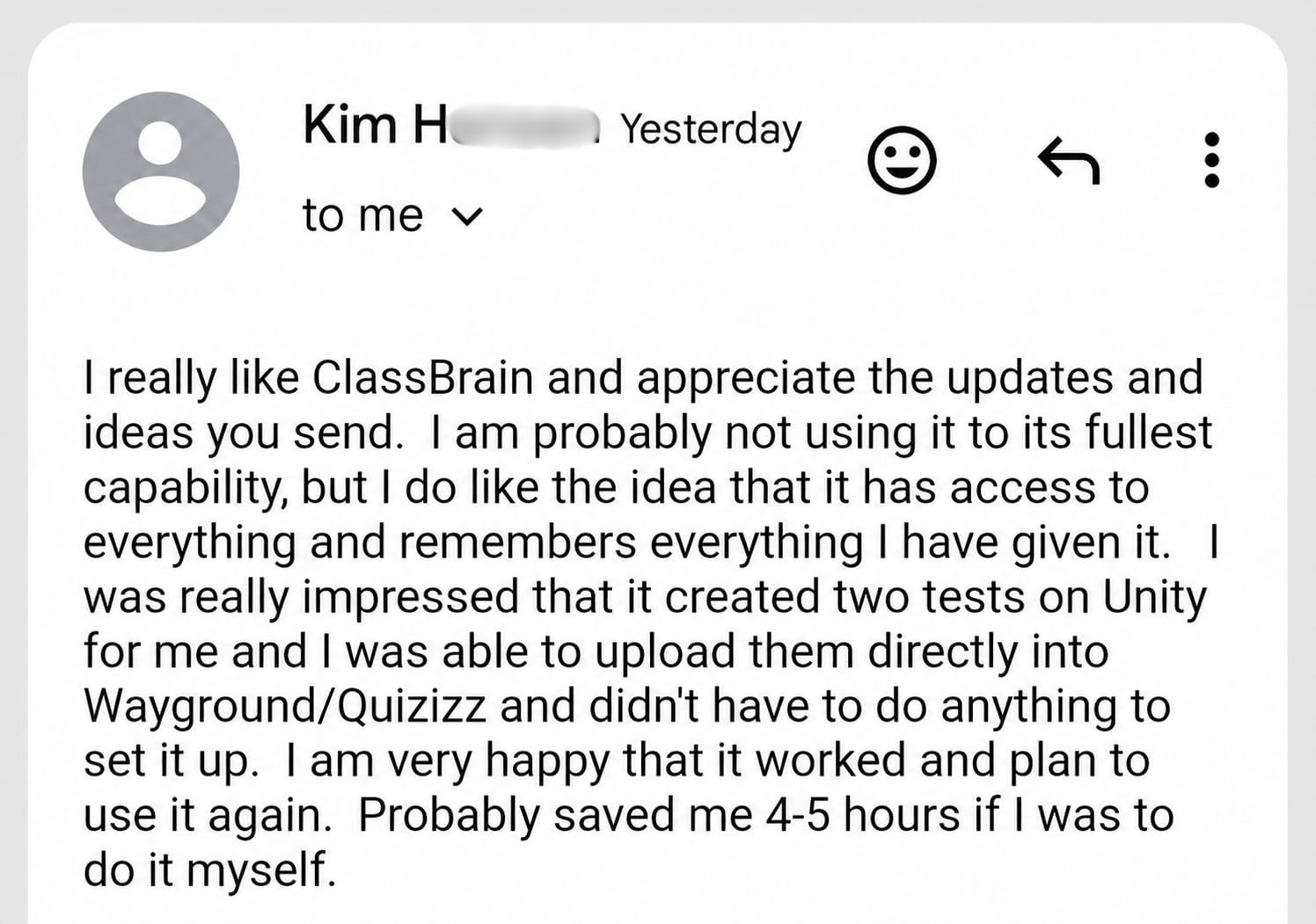 An email from the same teacher: it created two tests for me and I was able to upload them directly and didn't have to do anything to set it up. Probably saved me 4-5 hours if I was to do it myself.