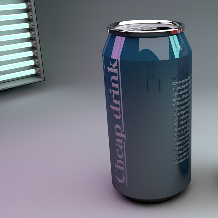 Een gerenderd blikje in een filmstudio, gemaakt in Cinema 4D.