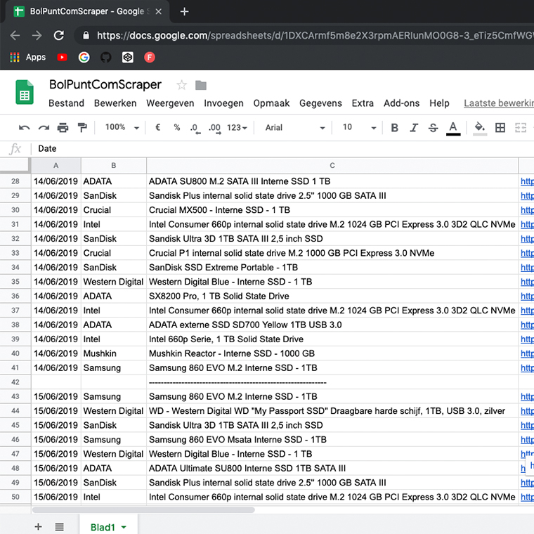 Google Spreadsheet met info over de producten van Bol.com.