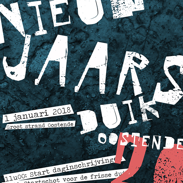 Affiche van de Niuewjaarsduik 2018 Oostende in grunge-stijl.