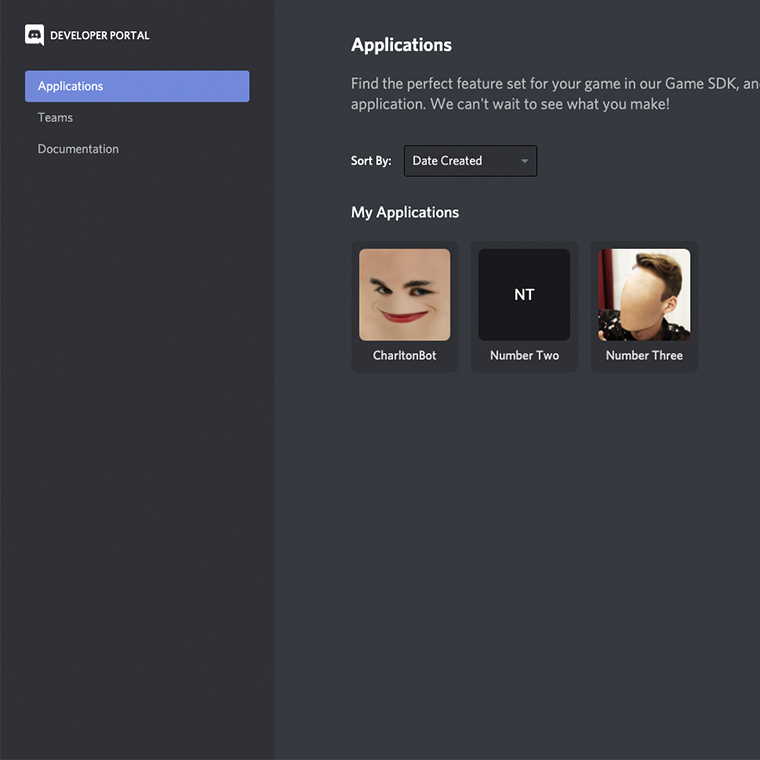 Een screenshot van het developer portal van Discord waarin 3 bots te zien zijn.