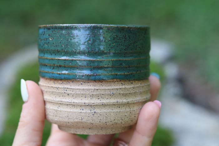 Blue speckled cup
