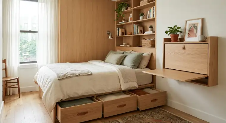 A smartly arranged small living room with space-saving furniture