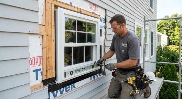 An image of a window being installed, showcasing different window types and the process