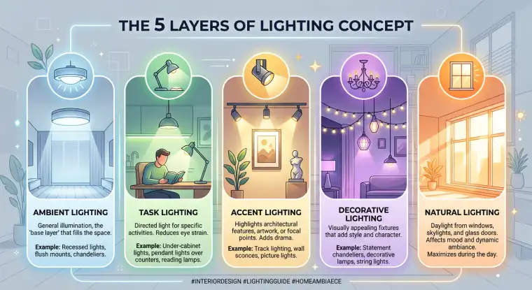Modern living room with layered lighting, showcasing a well-lit space