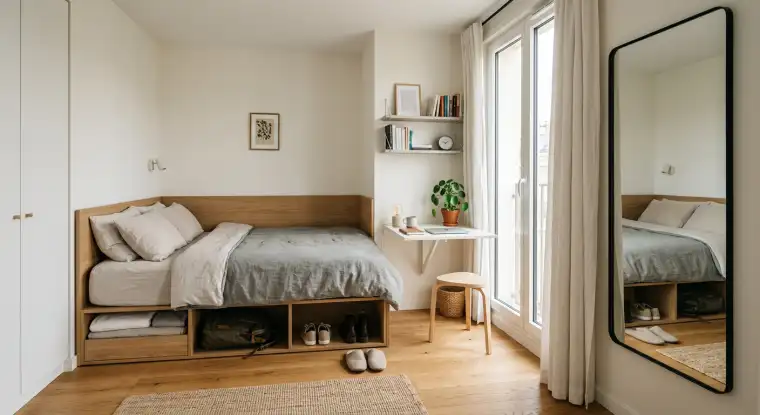 A modern, small apartment kitchen with smart storage solutions.