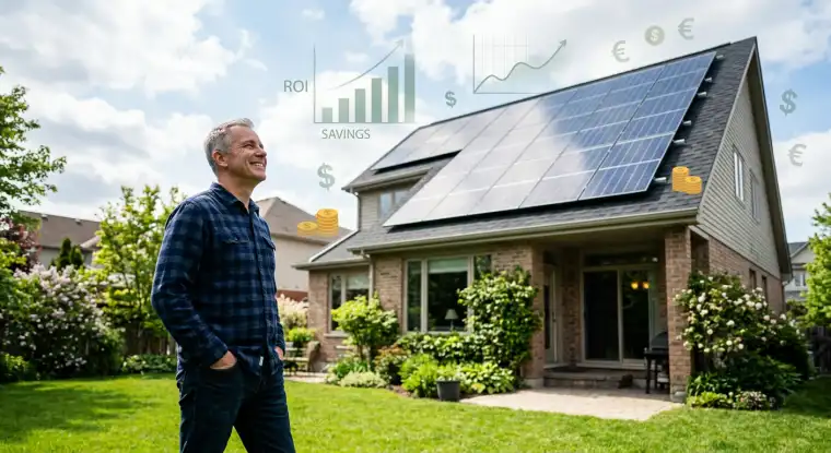 Solar panels on a roof, with the sun shining in the background.