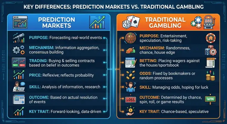 An illustration of a prediction market interface with graphs and data.