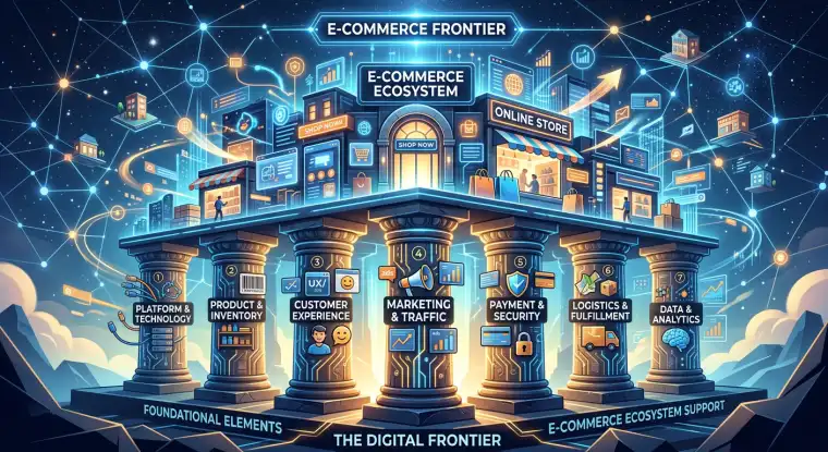 An illustration of an e-commerce platform with multiple connected devices and shopping carts, representing the scale and interconnectedness of modern online retail.